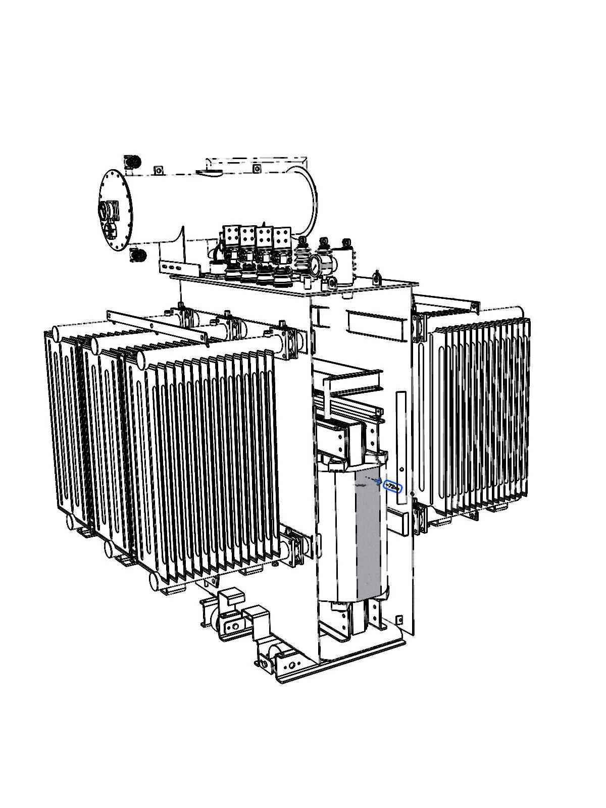 Modelo CAD tridimensional de um transformador com tanque e radiadores
