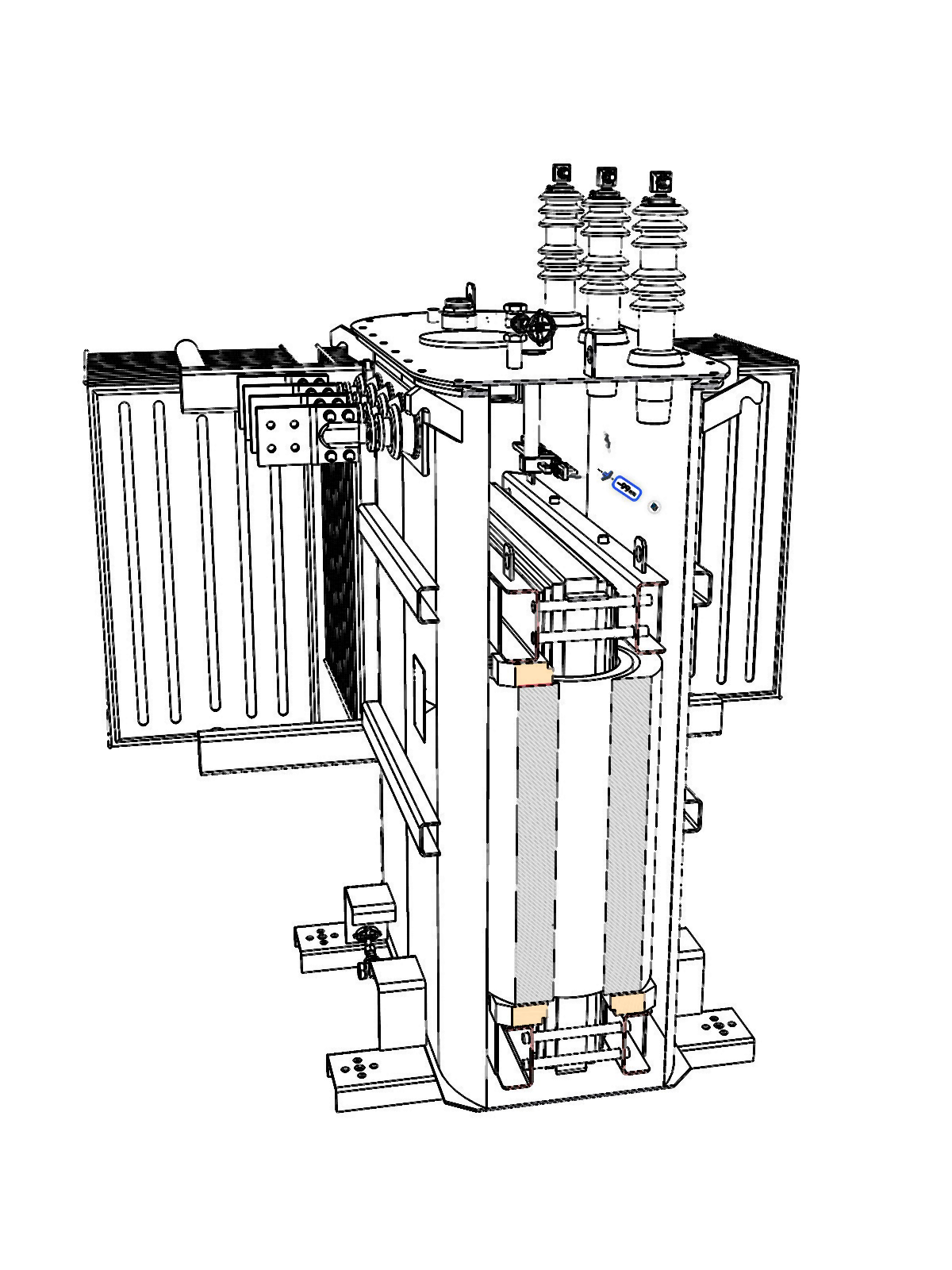 Vista interna em CAD de um transformador com núcleo, bobinas e estrutura